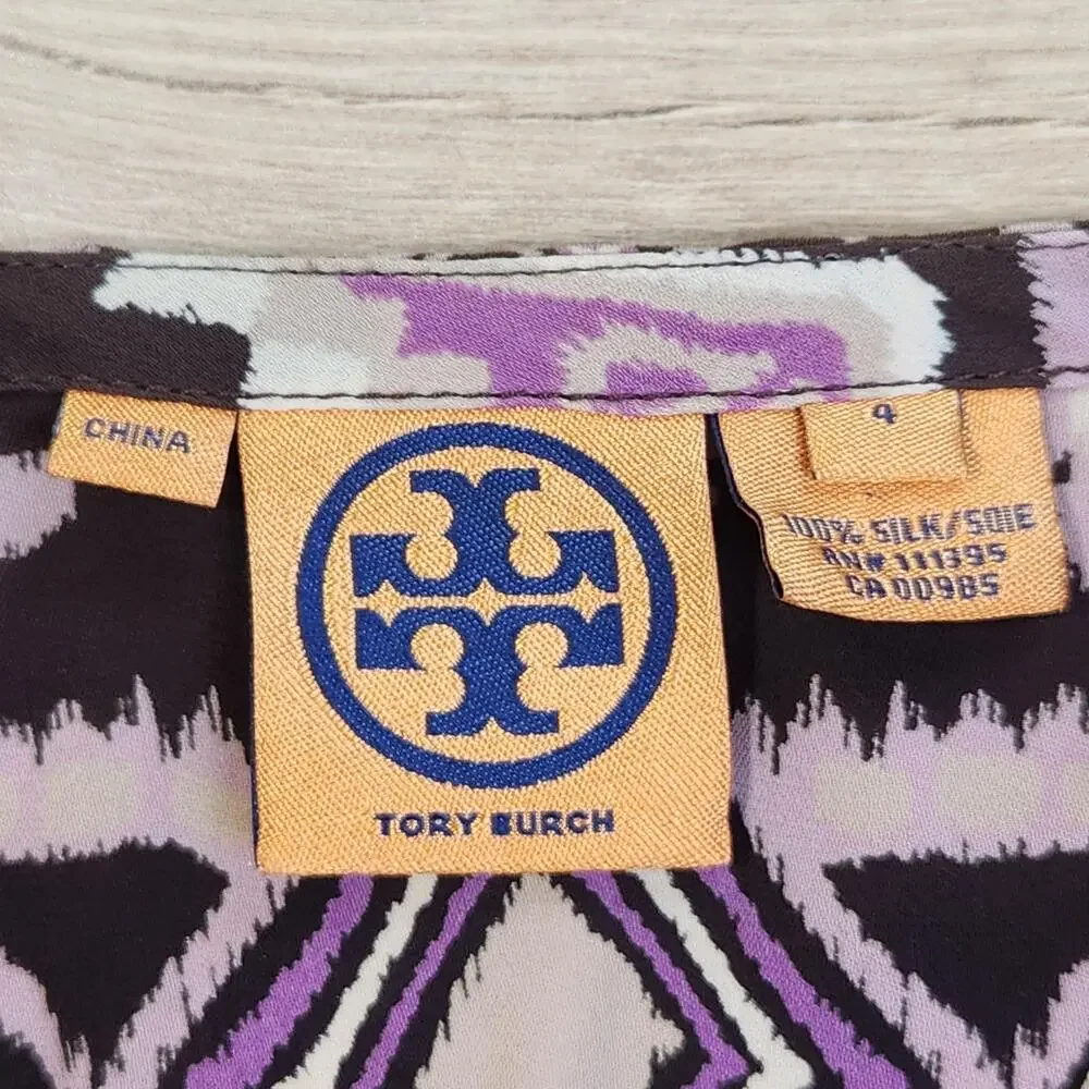 Tory Burch Blouse Womens 4 Black Purple Aztec Silk V Neck Drawstring Top